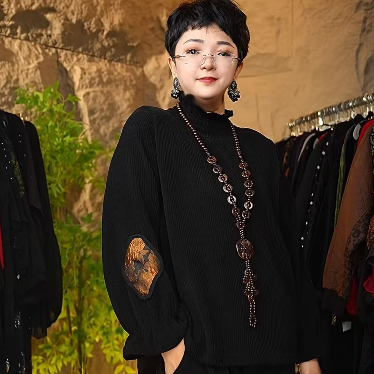 (QQ)114#1809-黑色木耳边袖口拼接刺绣上衣-F/时尚高级百搭