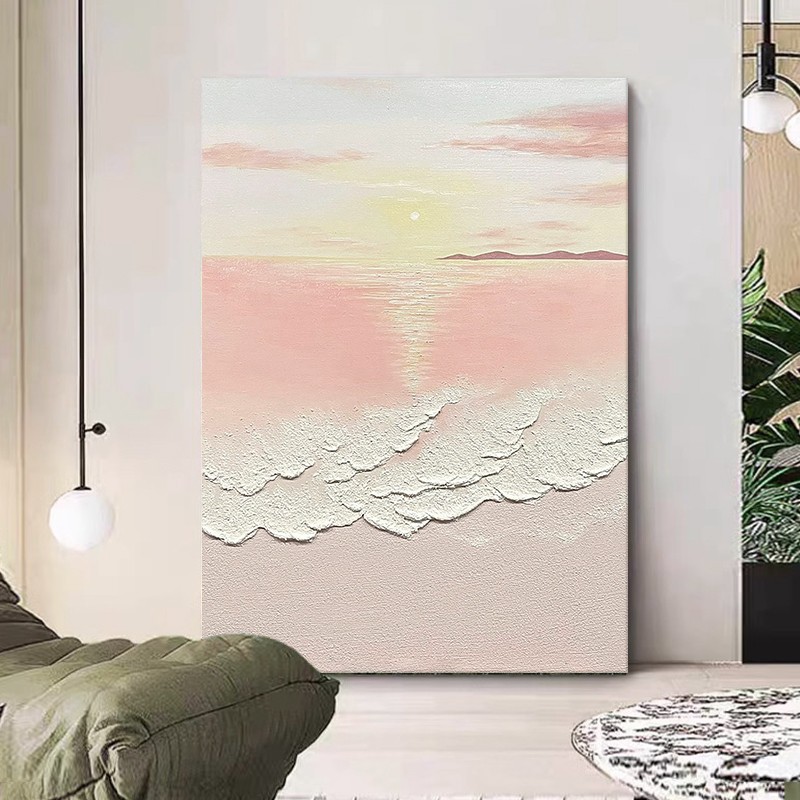 抽象海景手绘油画奶油风客餐厅挂画玄关装饰画样板房石英砂肌理画