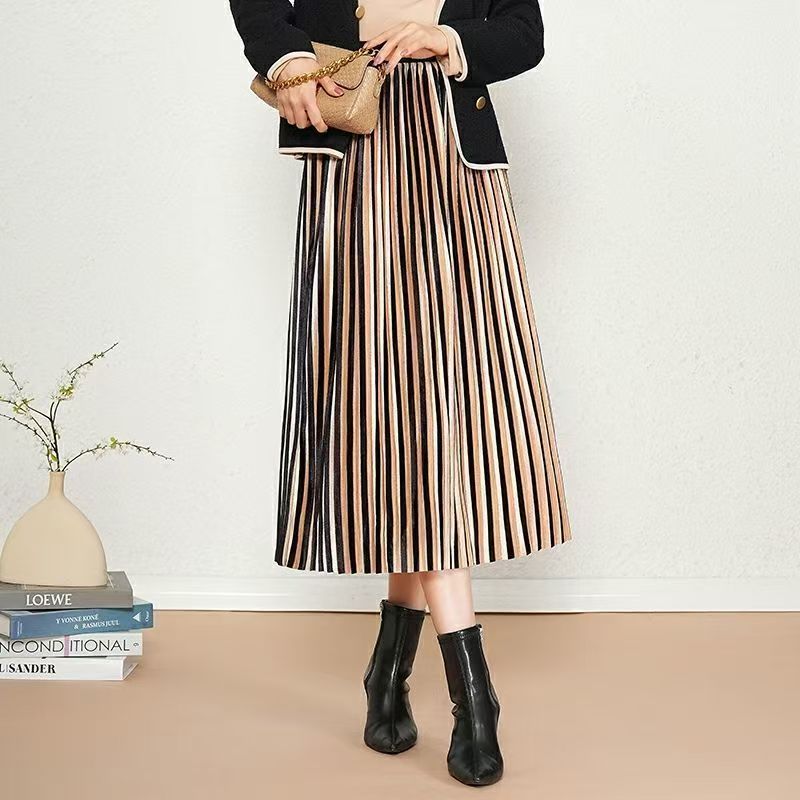 精品 金丝绒 显瘦半裙 高腰 宽松 中长款 条纹 拼接 百褶 百搭