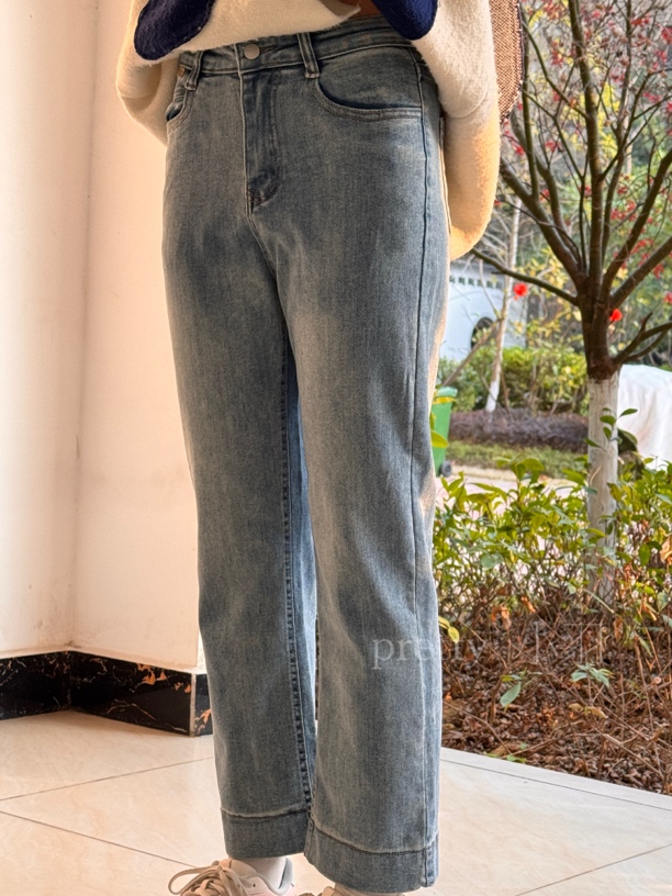 【pretty】自制设计感漫画腿春秋“小个子”显瘦直筒牛仔裤