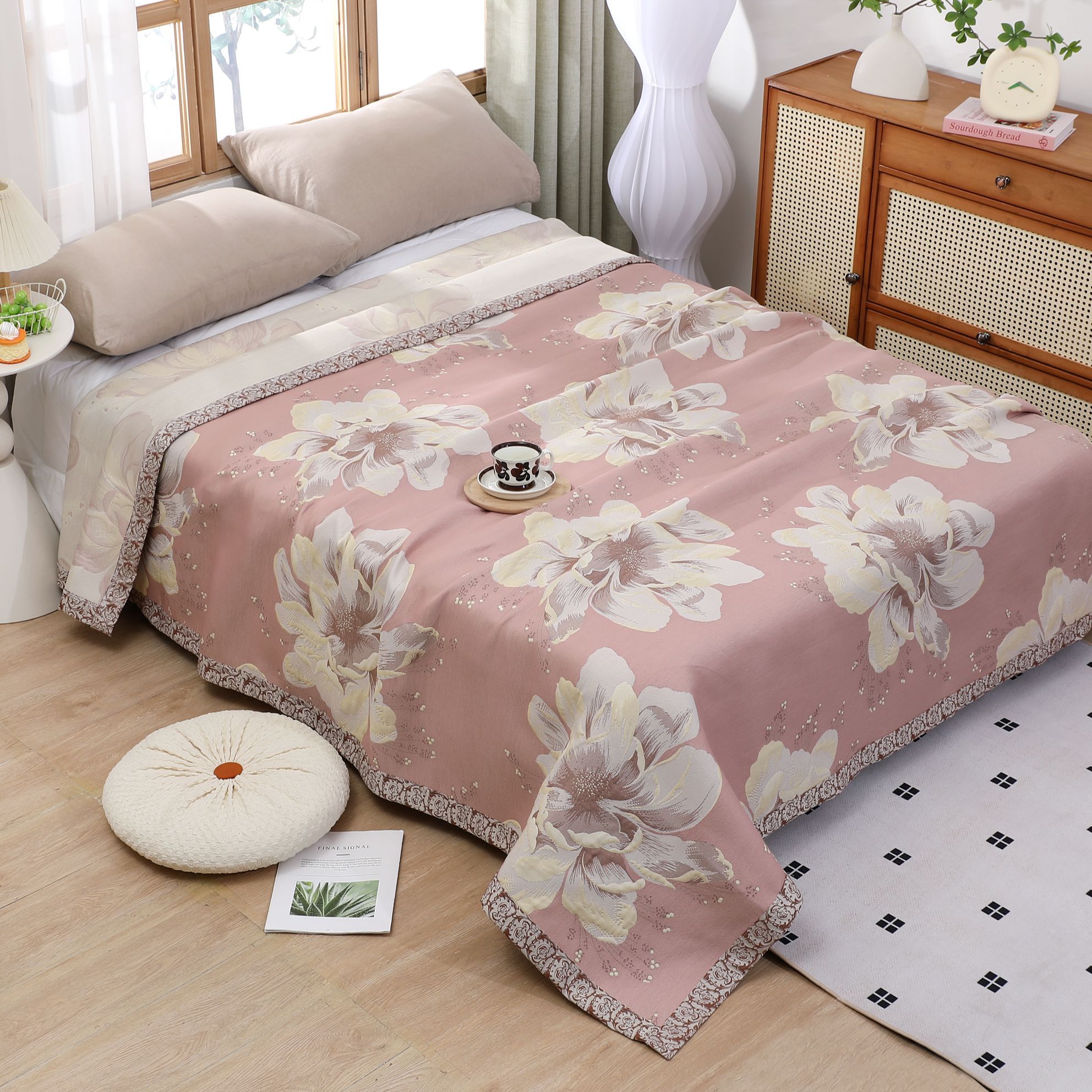 XDONGY（冬云家纺）230*250 艾草纤维 近观春色粉 多功能 床盖毯