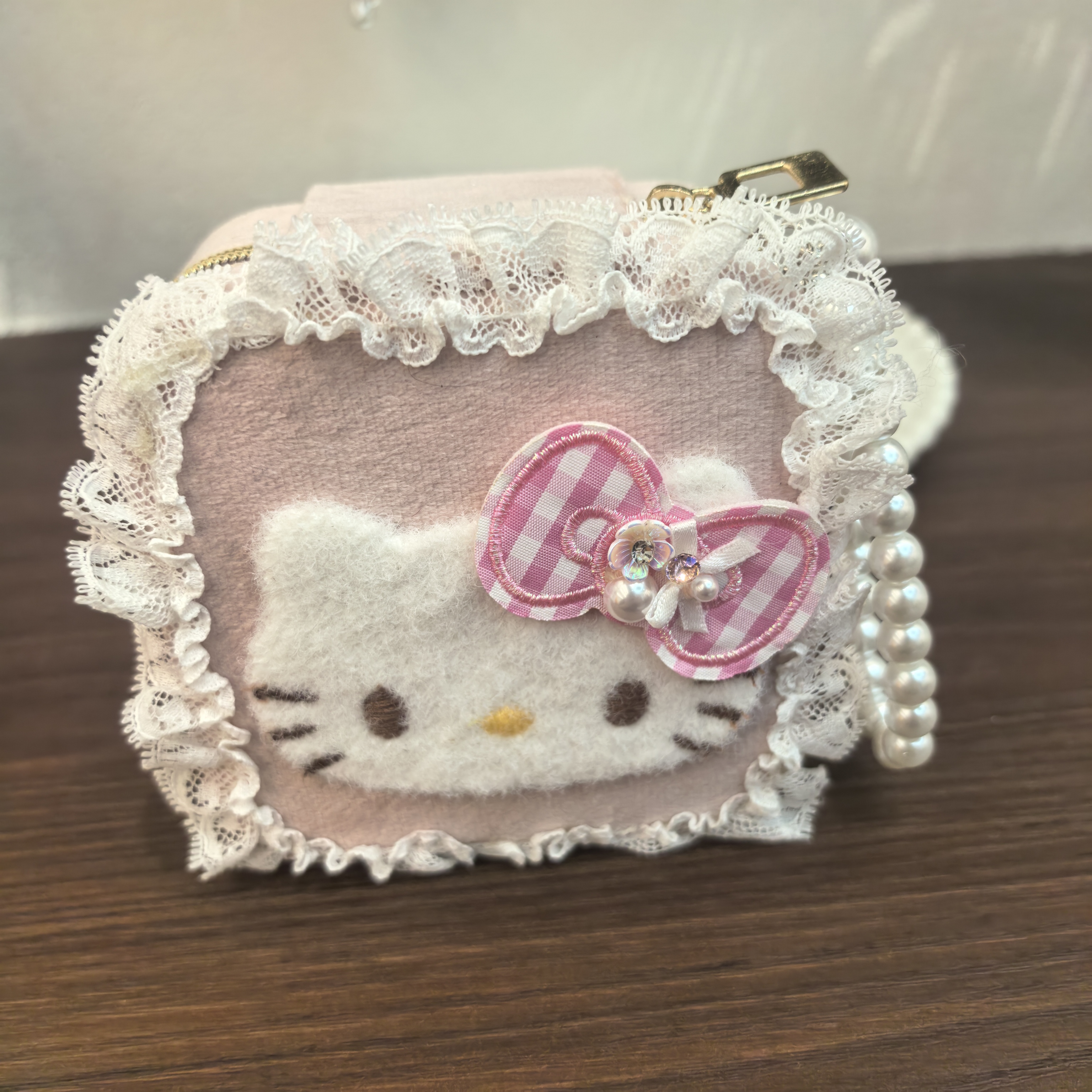 E204粉色格子蝴蝶结小KT猫咪首饰盒-发夹