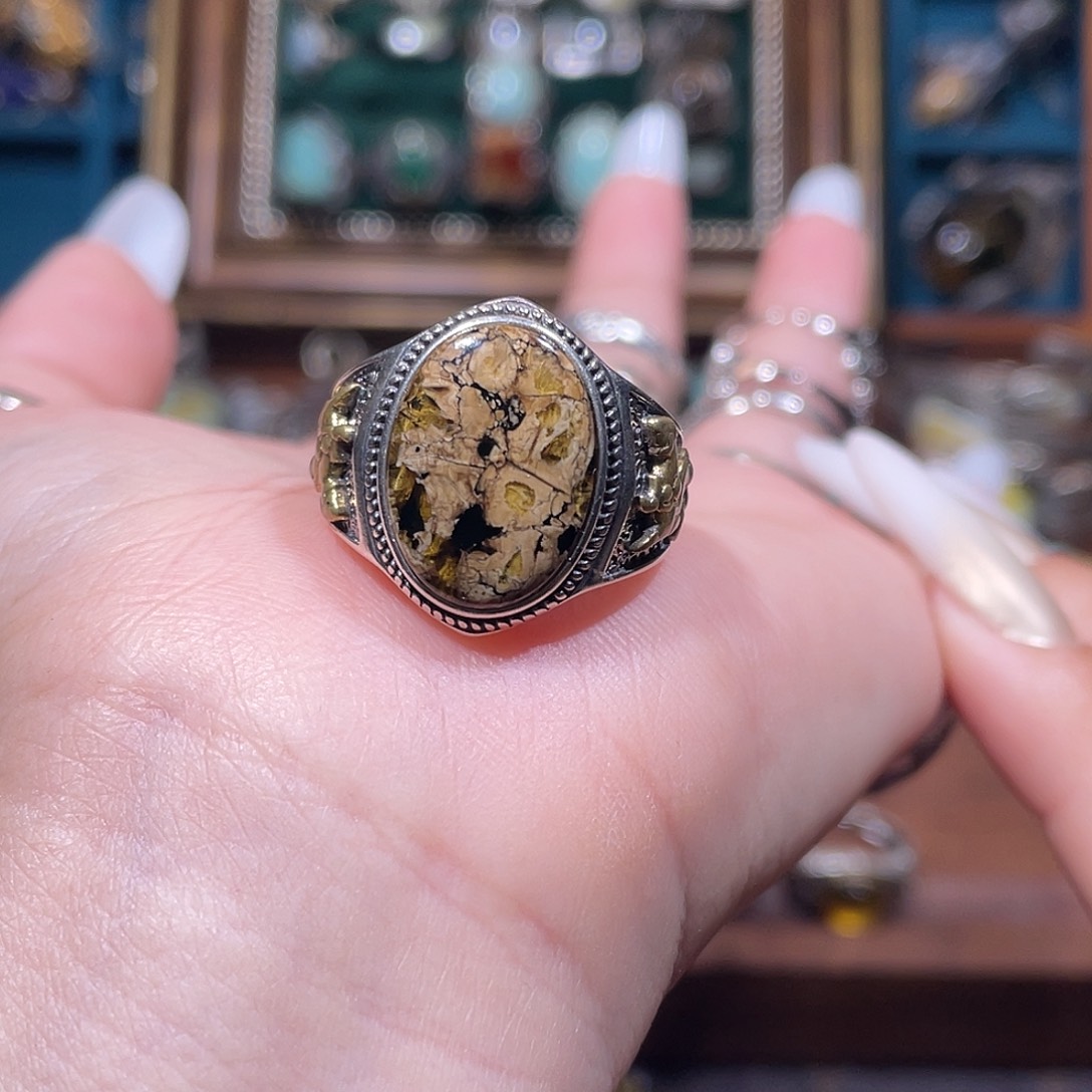 一***排琥珀银S925镶嵌戒指