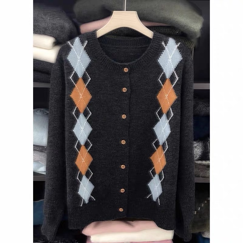 【茶灰色～复古撞色菱格纹】针织开衫女2025秋冬新款显白气质大码