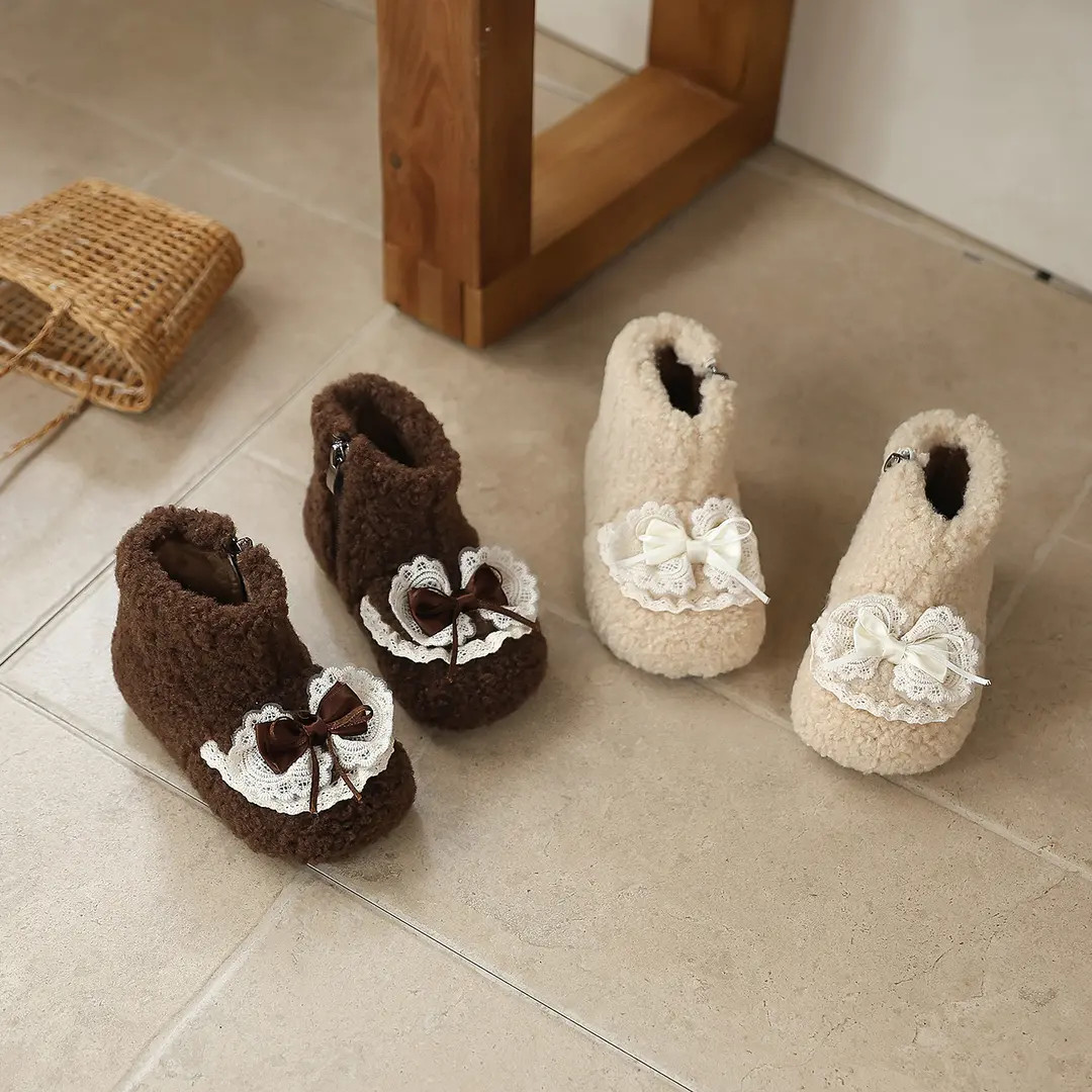 韩版儿童棉靴二棉女童毛毛鞋加绒保暖花边公主鞋棉靴小女宝宝靴子