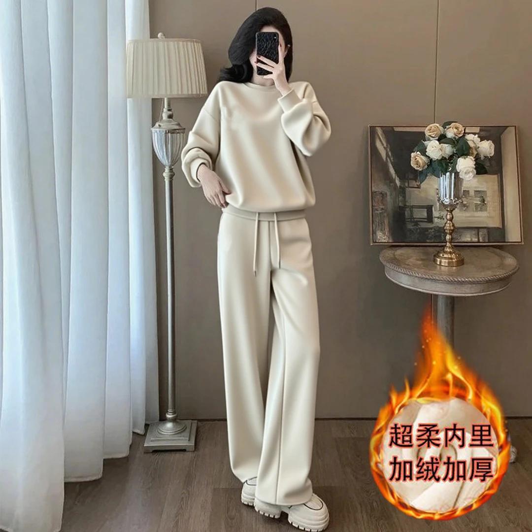 加绒加厚纯棉休闲运动套装女2025秋冬宽松减龄洋气卫衣百搭套装女