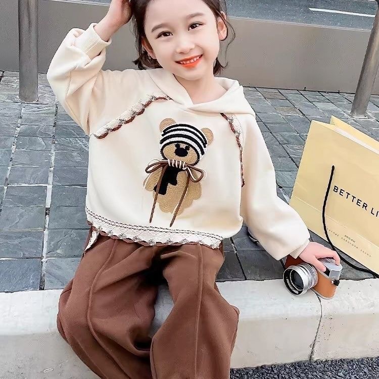 女童春秋套装新款花边贴布熊童装中小童洋气连帽卫衣两件套潮
