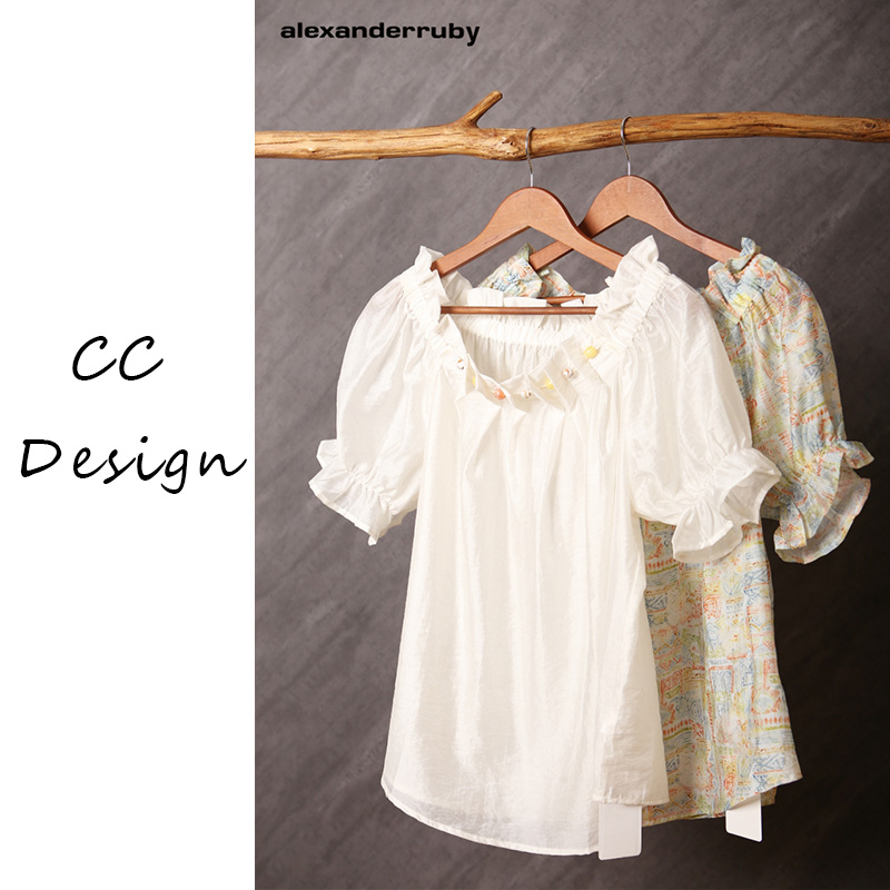 CAICAI-【清心流莺】夏季新款荷叶花边短袖设计慵懒衬衣女  169037