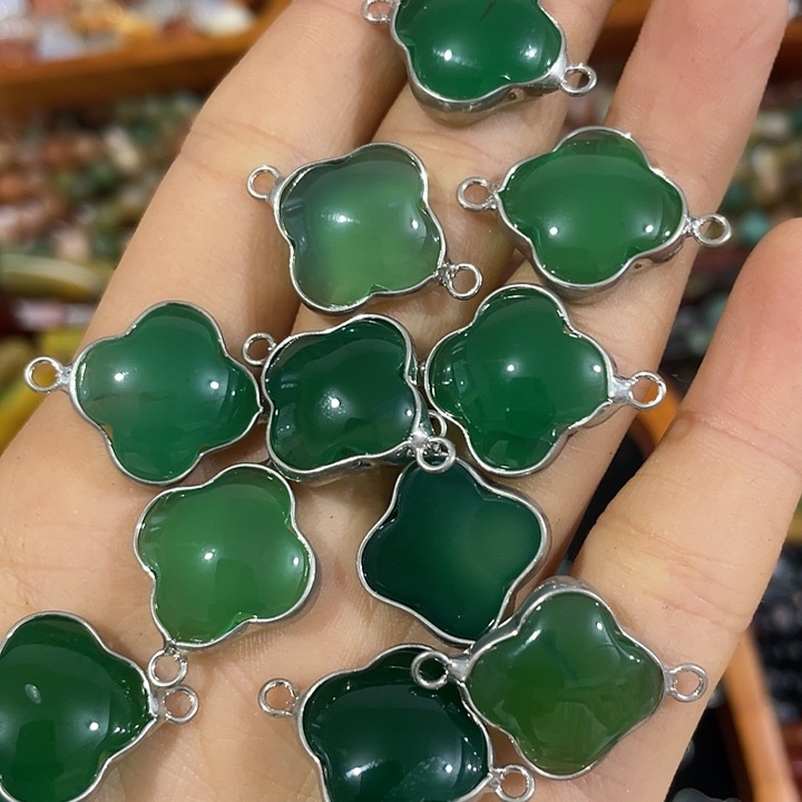 玛瑙/玉髓合金珠宝半成品2个绿玛瑙双耳四叶草