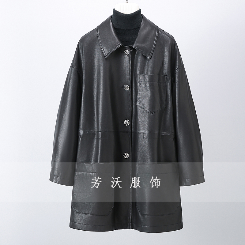 头层绵羊皮中长轻职风复古气质皮衣女黑色春秋欧若假日风真皮风衣