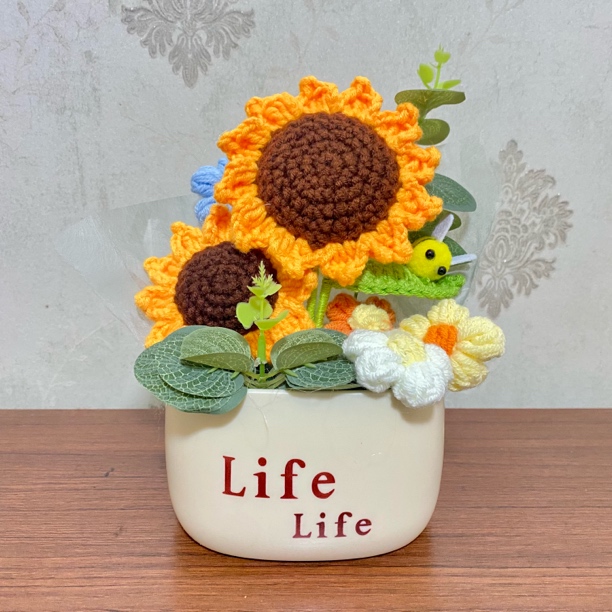 毛线花摆件创意向日葵水果花束手工编织盆栽成品送女生礼物