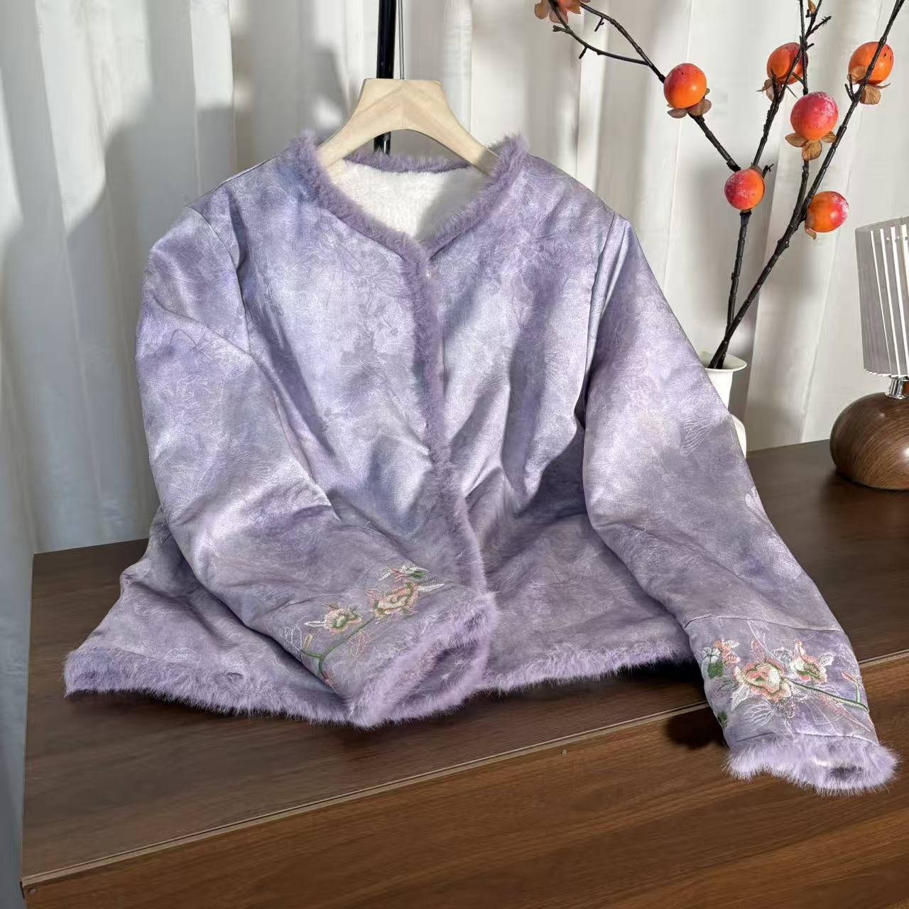 (紫霞1）双面穿新中式外套保暖长袖气质时尚宽松女装冬季毛绒加绒