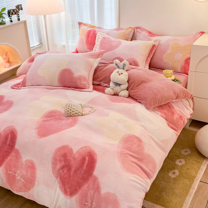 POCKET PIG/布袋猪【爱心泡泡】加厚保暖印花牛奶绒四件套