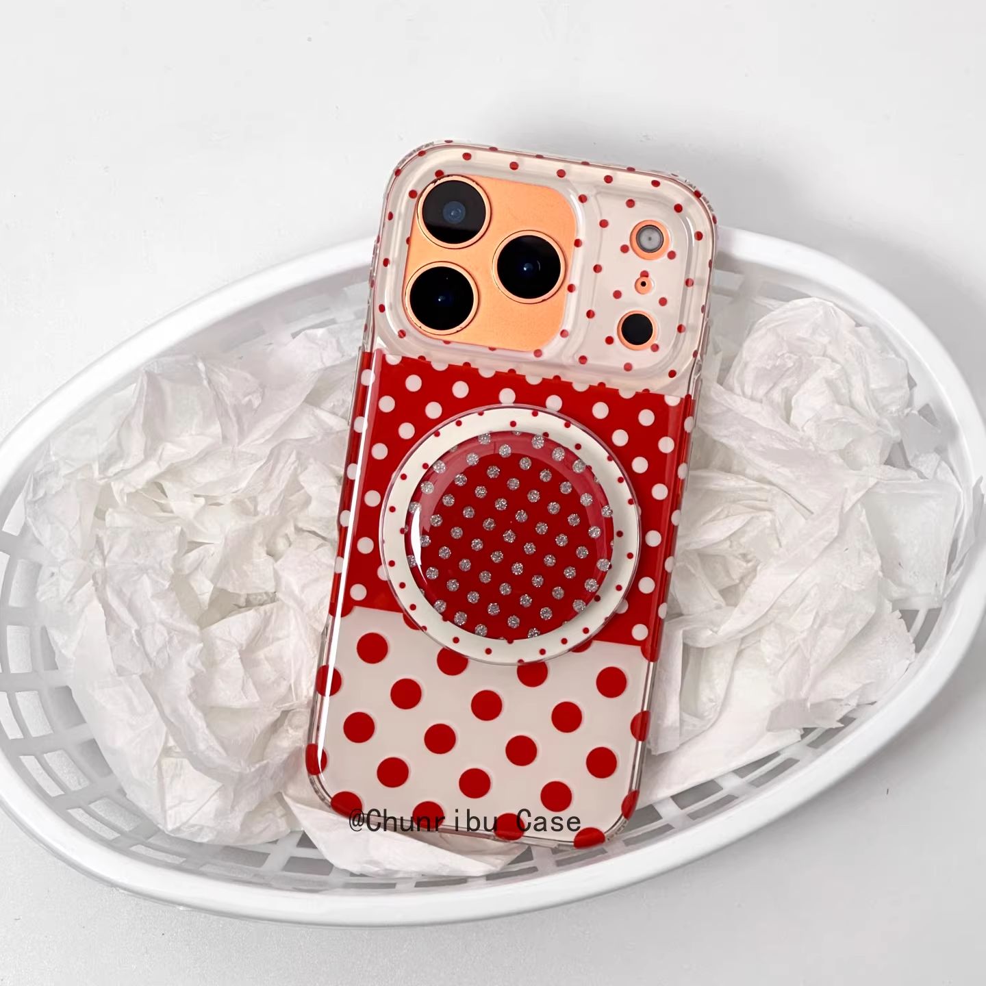 日韩小清新红色波点拼接简约适用苹果17/16promax手机壳磁吸15/14