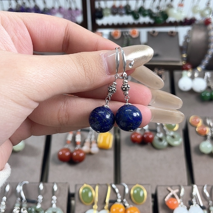 青金石耳饰银S925镶嵌12左右