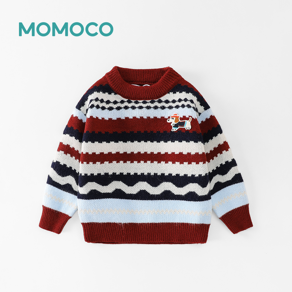 MOMOCO冬季男童套头条纹休闲贴布绣小狗毛衣77430230062
