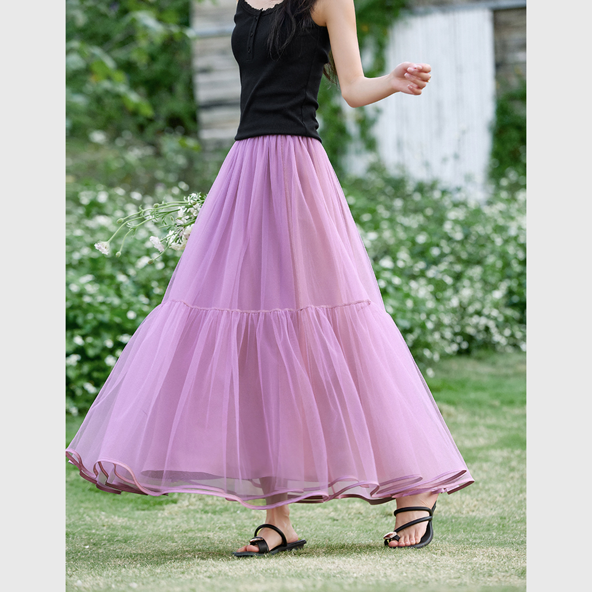 M优雅淑女双层网纱蓬蓬裙春秋橡筋腰A字半身裙A0330