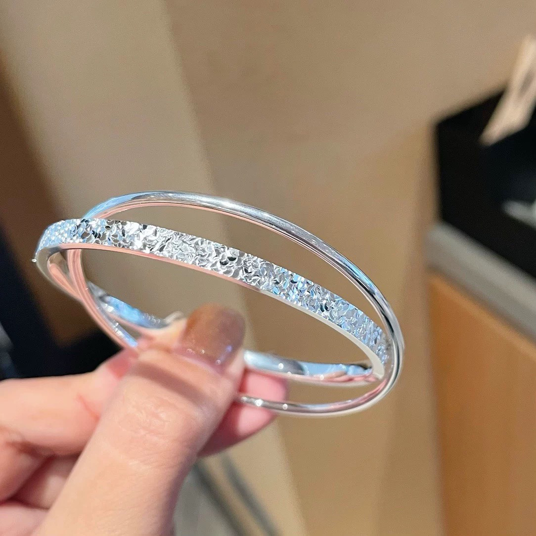 足银手镯 足银9999纯银双环碎冰冰银手镯女实心闭口银镯气质情人