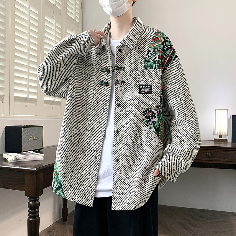男士衬衫外套2025春秋季中国民族风翻领夹克男生小香风褂子上衣服