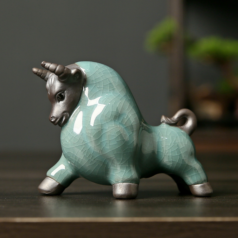 创意陶瓷手工茶宠摆件中式个性抬头牛茶玩茶室茶桌装饰摆件摆设