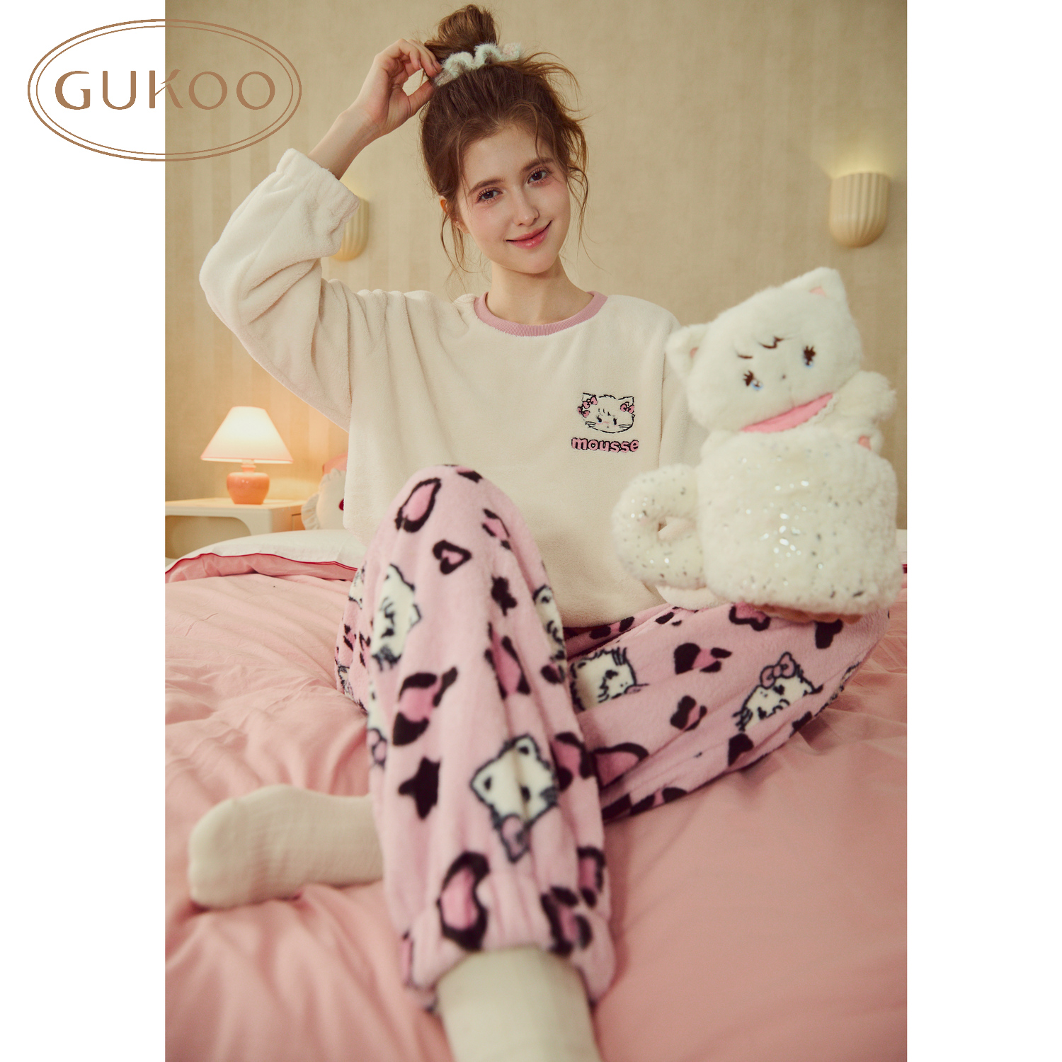 Gukoo/果壳睡衣女冬季mikko联名新款毛绒保暖女士家居服套装