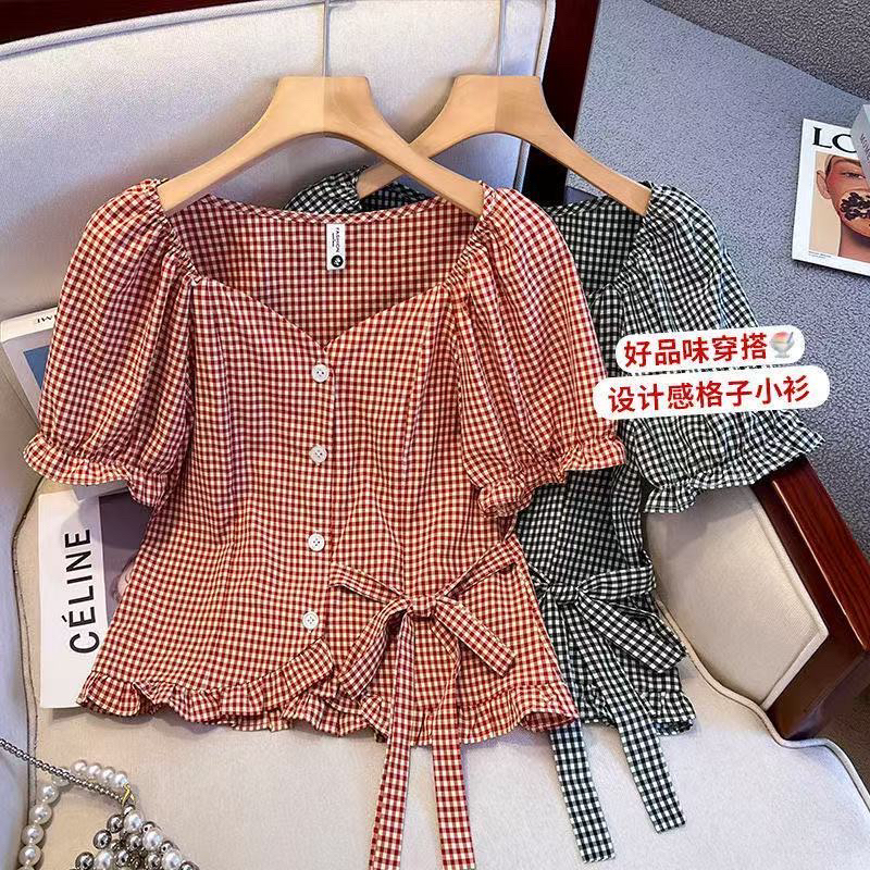 夏季新款韩系甜美泡泡袖格子衬衫女装设计感系带修身显瘦短款上衣