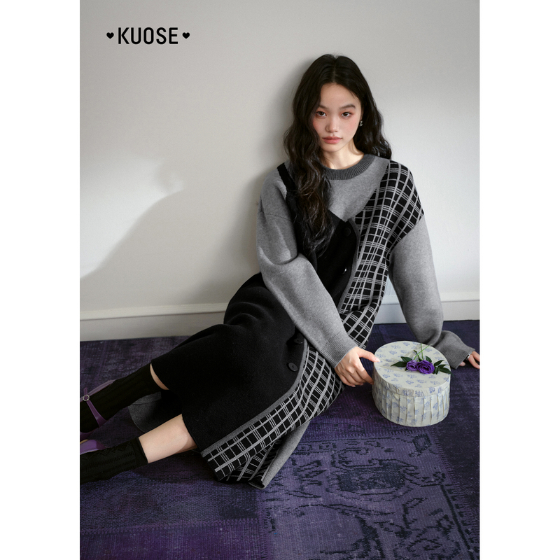 阔色假两件格子背心毛衣裙25秋冬季新款女长裙子内搭裙KSB2511006