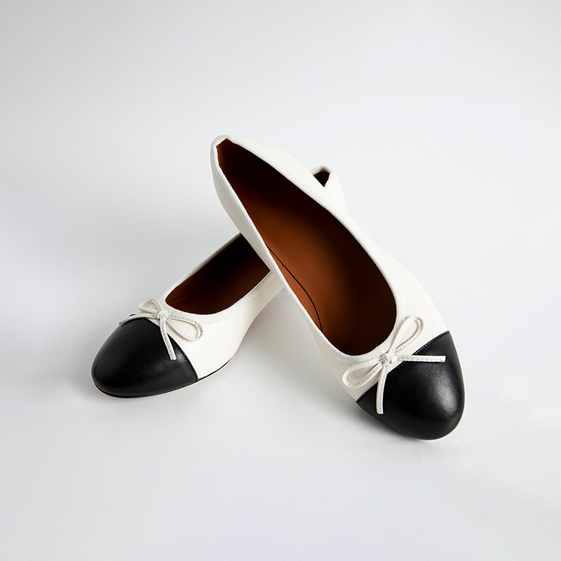 新款香风拼色蝴蝶结圆头浅口单鞋中低粗跟羊皮单鞋016