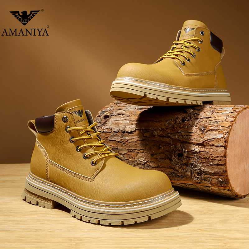 AMANIYA男鞋秋季2025新款中帮马丁靴增高潮流大黄靴户外工装靴子