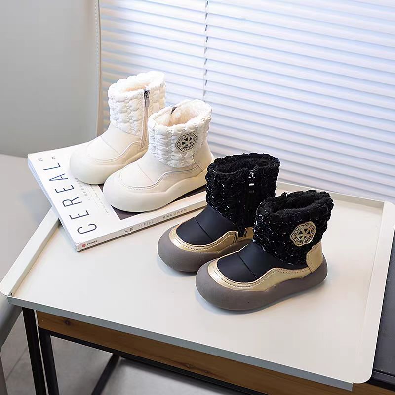 儿童2025冬季新款软底防滑短靴皮面加绒男女童时尚棉靴6098