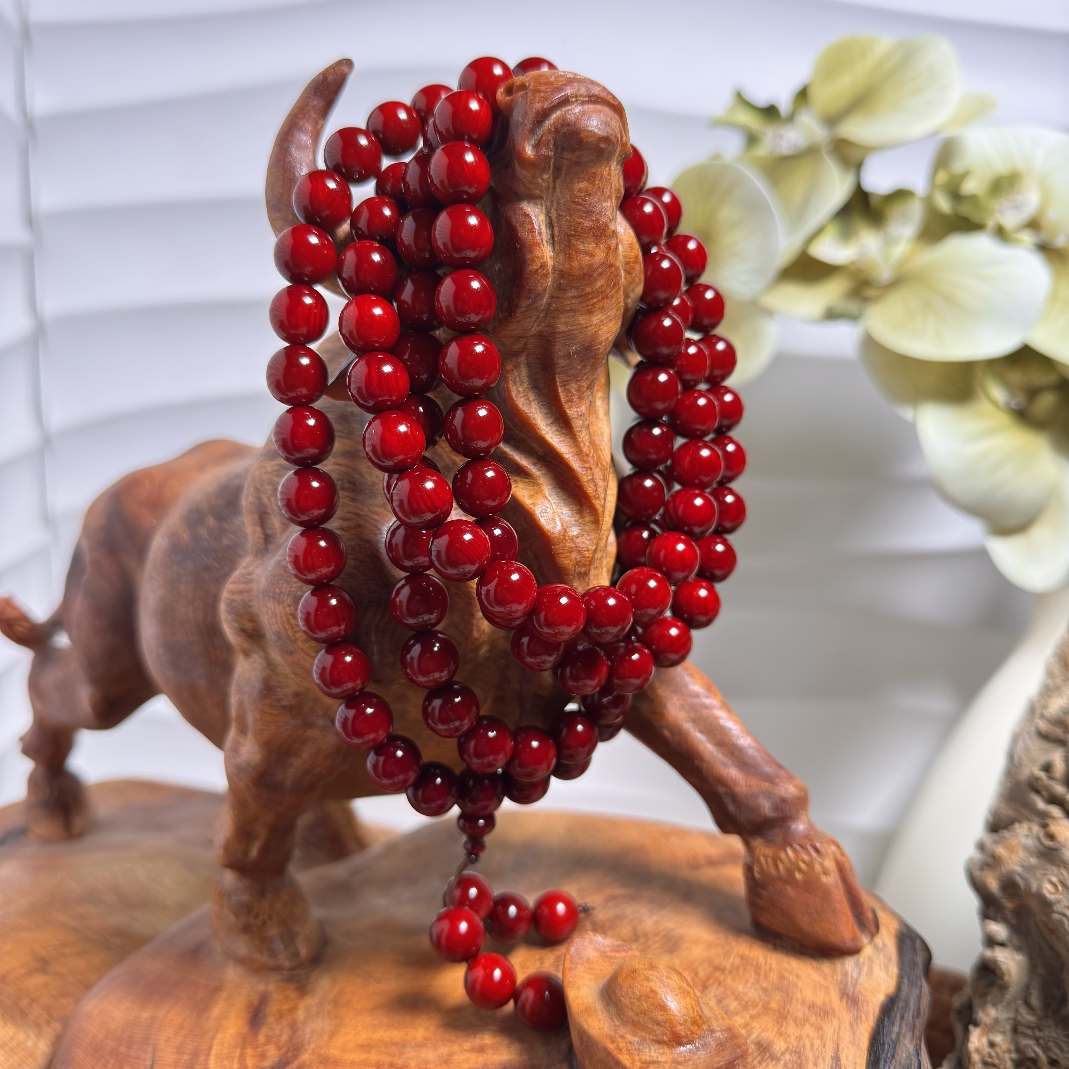 东北琥珀木松明子手串108粒北沉香红色念珠