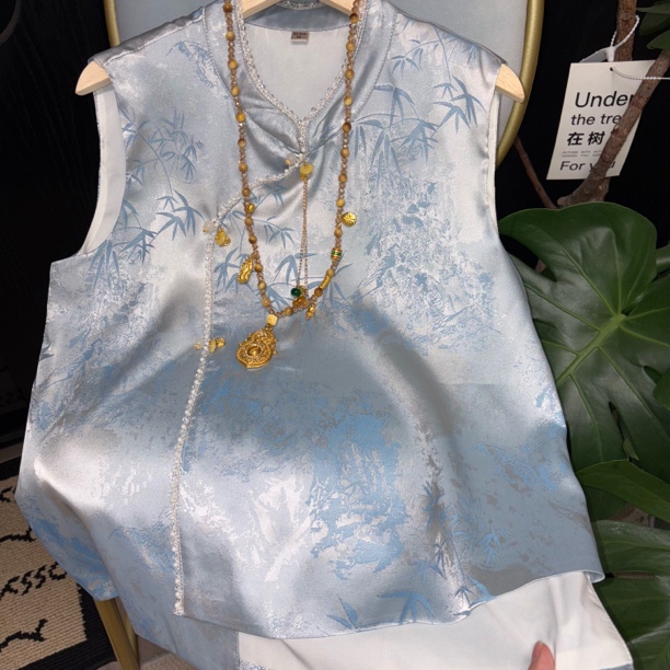 “粉.蓝”竹叶马甲 中式提花重工定制款 马夹