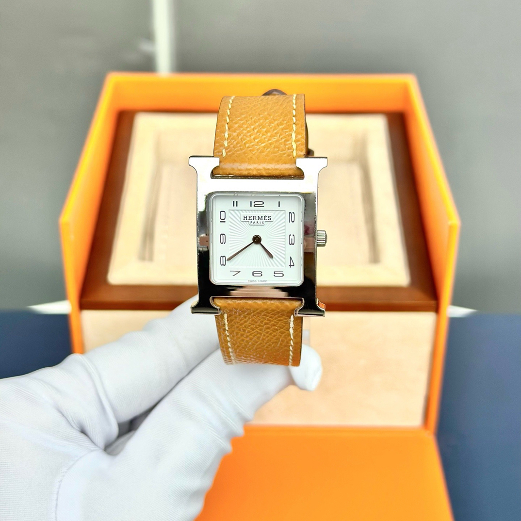 99新 Hermes/爱马仕 HH1.510 方形白盘数字刻皮带表加盒