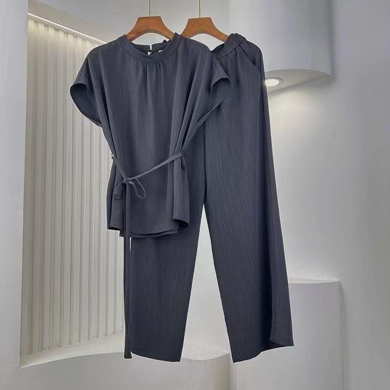 【SY490】夏季2025新款时尚套装百搭显瘦短袖上衣宽松阔腿裤两件套