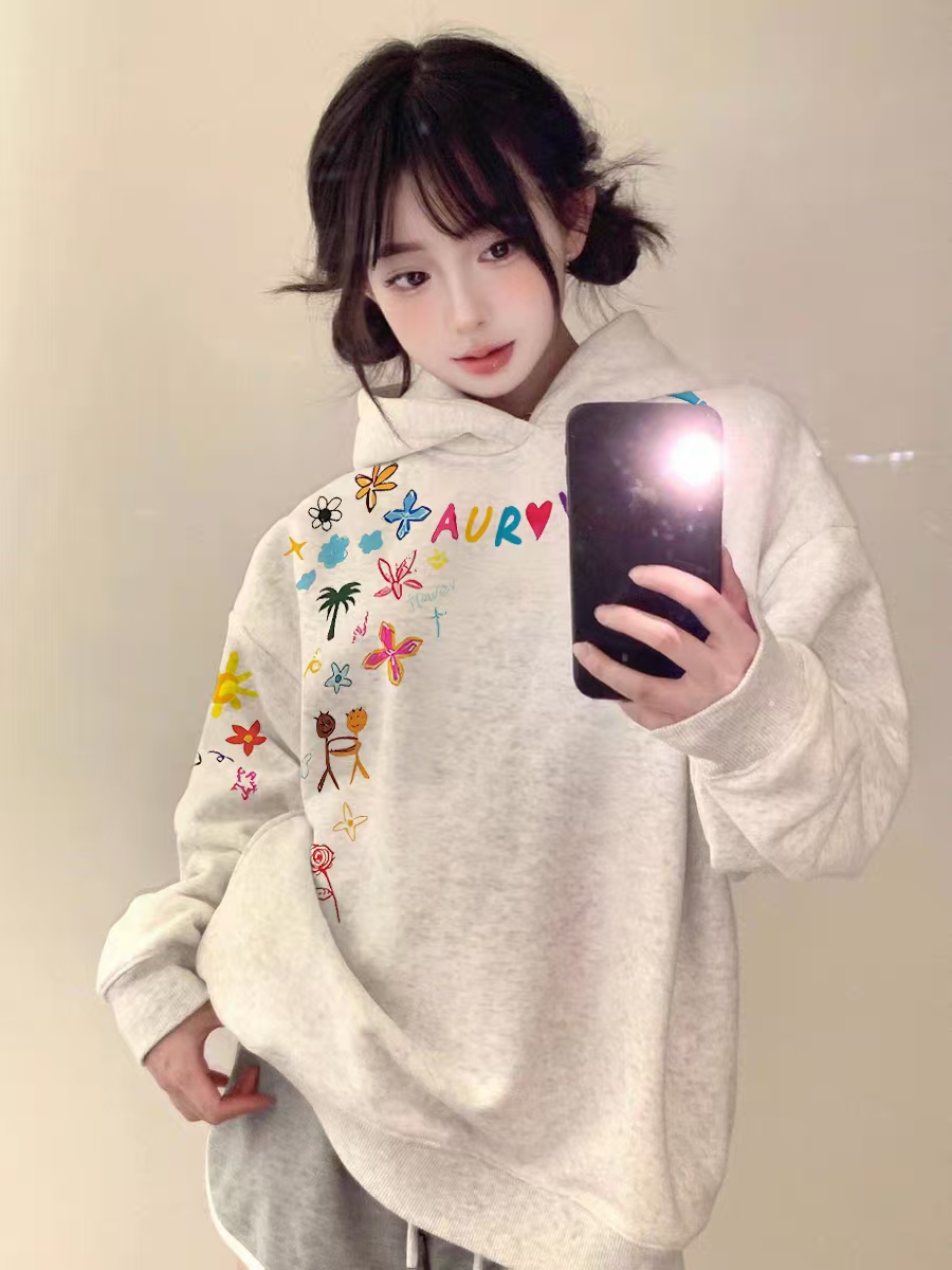 重磅纯棉灰色连帽卫衣女2025秋冬新款宽松设计感小众美式高街帽衫