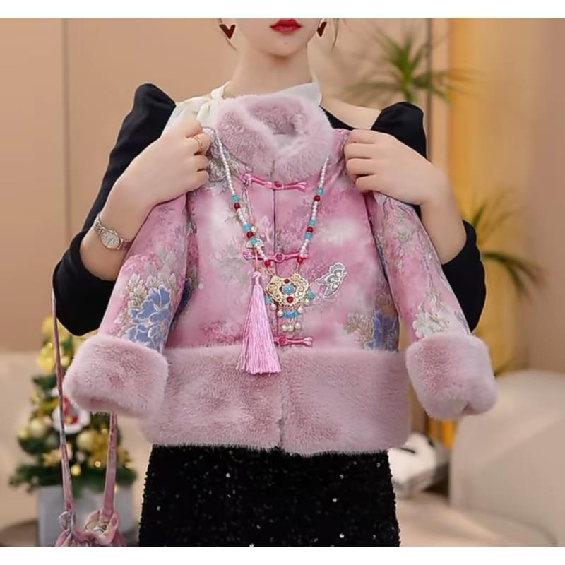 米小逗2025秋冬新款年服中国风加绒女童国风印花外套潮酷DM005