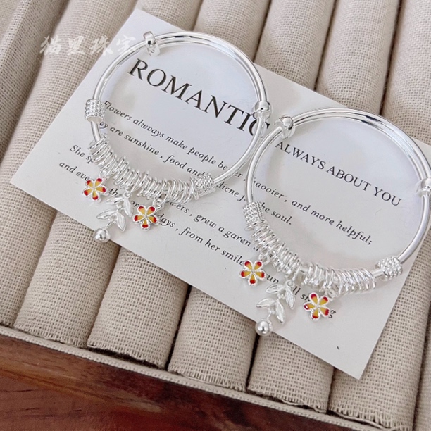 足银手镯 足银9999麦穗盘缠推拉儿童对镯年轻款铃铛实心可调节