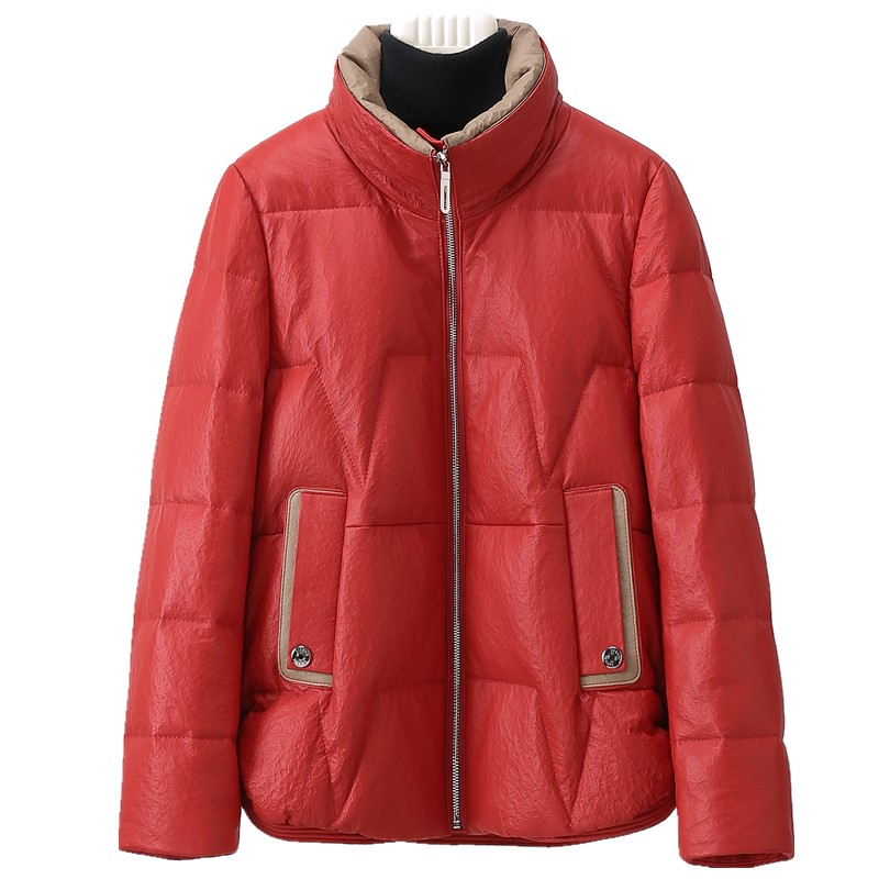 真皮皮衣女短款头层绵羊皮石头纹真皮鹅绒服红色米白色大码皮衣