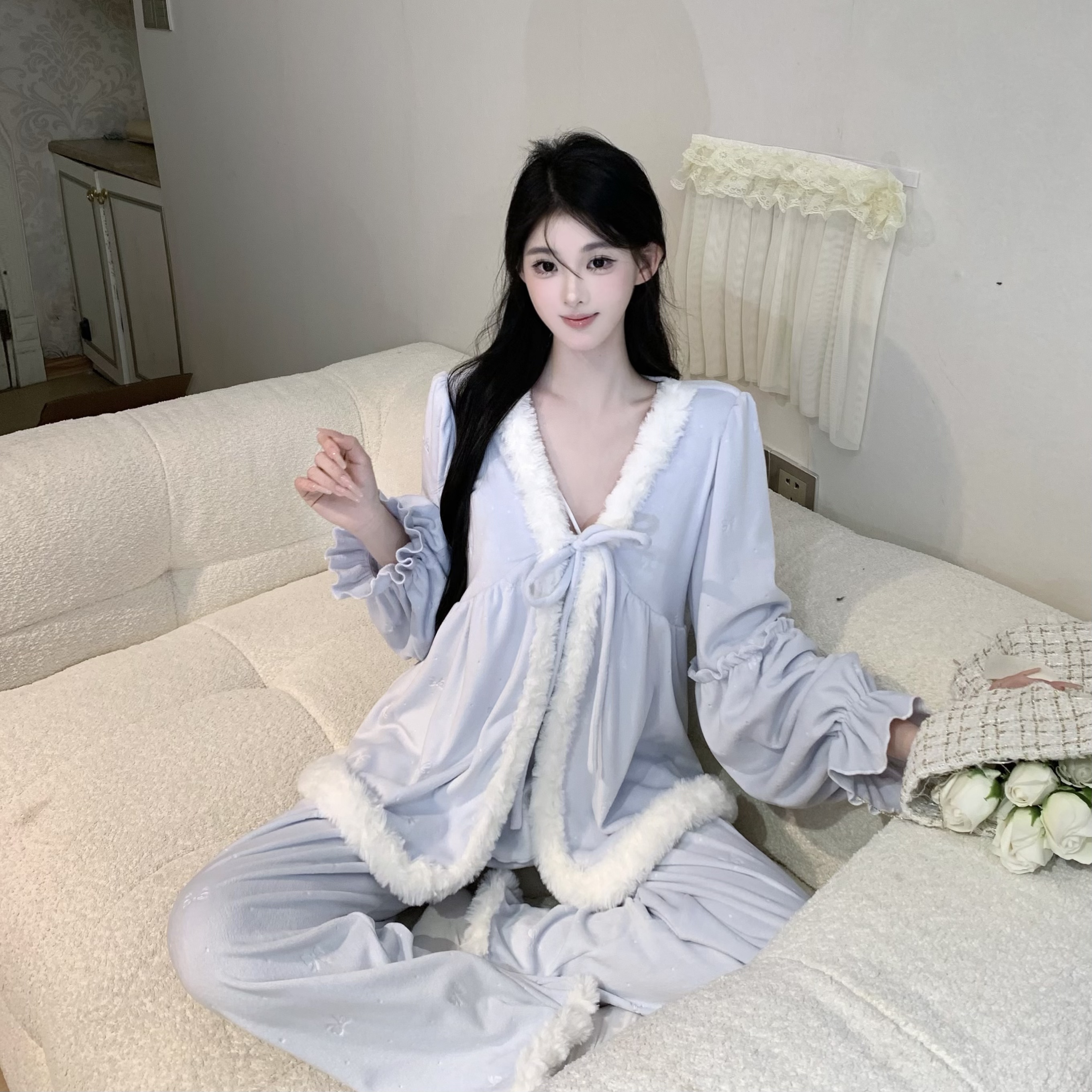 1豆1【初冬告白】长袖长裤纯欲高腰显瘦秋冬季女套装法式睡衣
