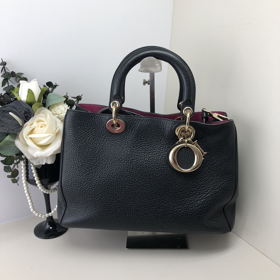 99新 DIOR/迪奥 女士黑色内拼玫红牛皮VIP手提二奢包包