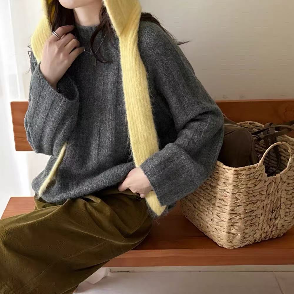 毛针织衫衫圆领套头针织加厚上衣冬季慵懒风纯色