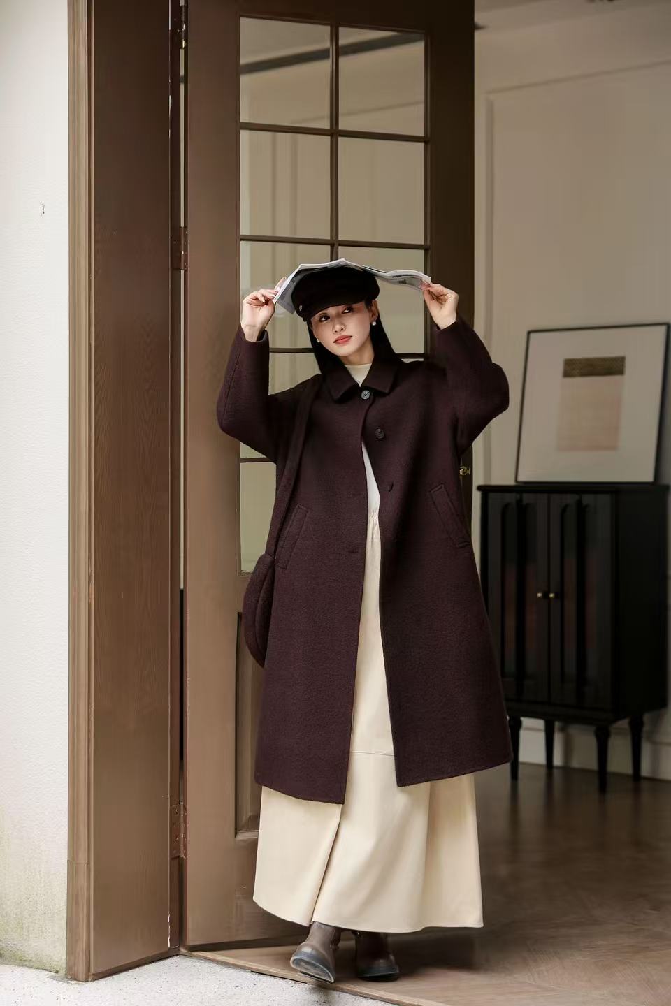 翻领透气少女风秋冬长款毛呢外套女士宽松毛呢双面呢