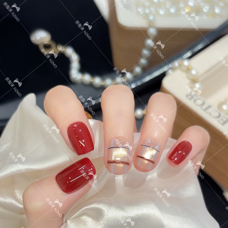 【红莓透晶】复古格纹手工穿戴甲酒红色美甲