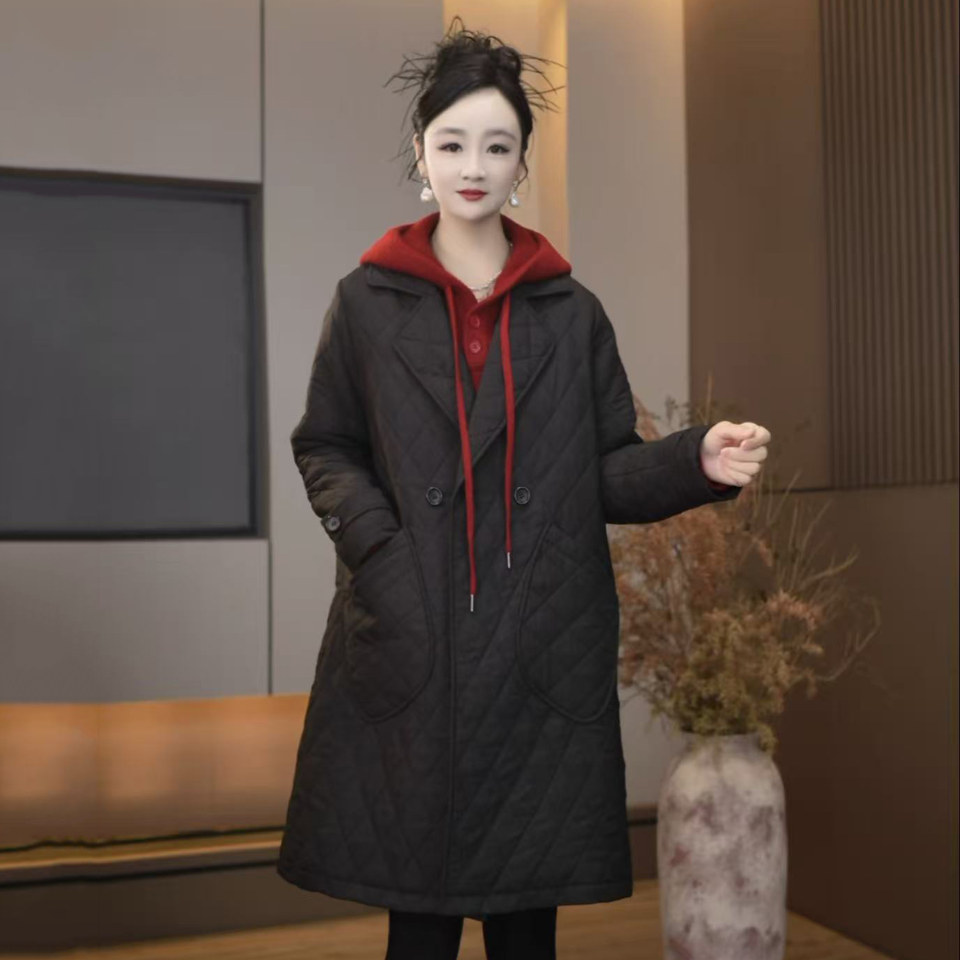 1612休闲棉服西装领外套女新款女装中长款洋气百搭女款