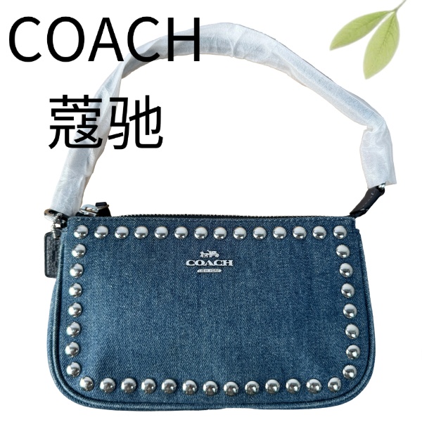 99新 COACH/蔻驰 蓝丹宁银钉珠麻将手拎包G25127813底长20X12