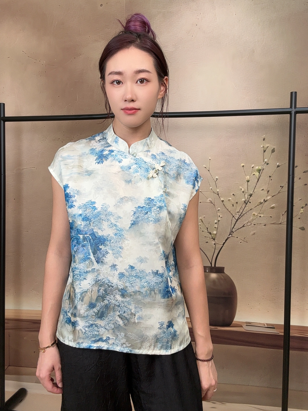 【水墨蓝山】新中式国风时尚女装减龄水墨画香云纱夏季改良短袖上衣