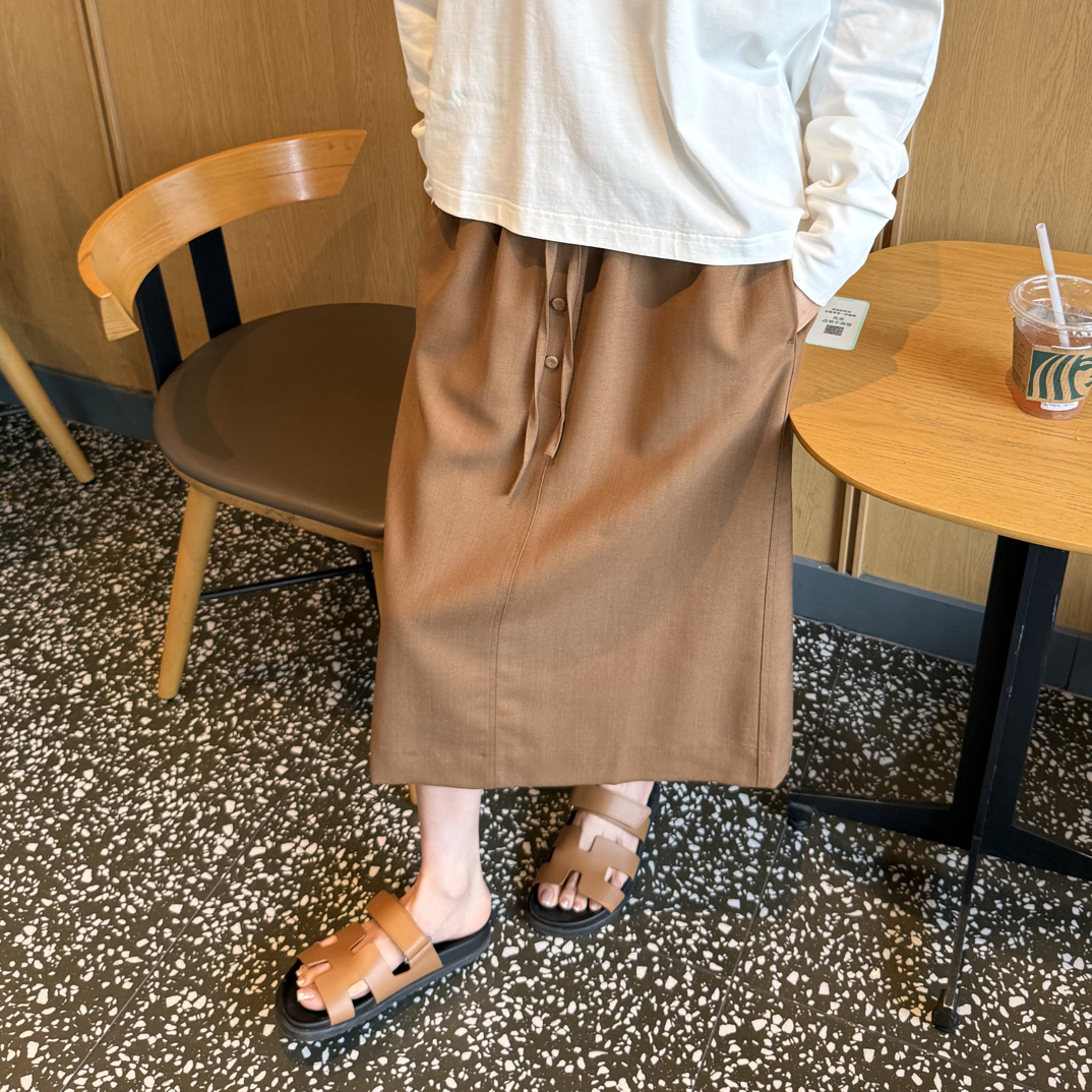 25早秋STUDIONICHOLSON设计师品牌焦糖色松紧腰抽绳设计长半裙