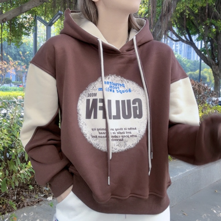 《韩家》905#新款时尚宽松加绒韩版拼接印花休闲加厚加绒连帽卫衣