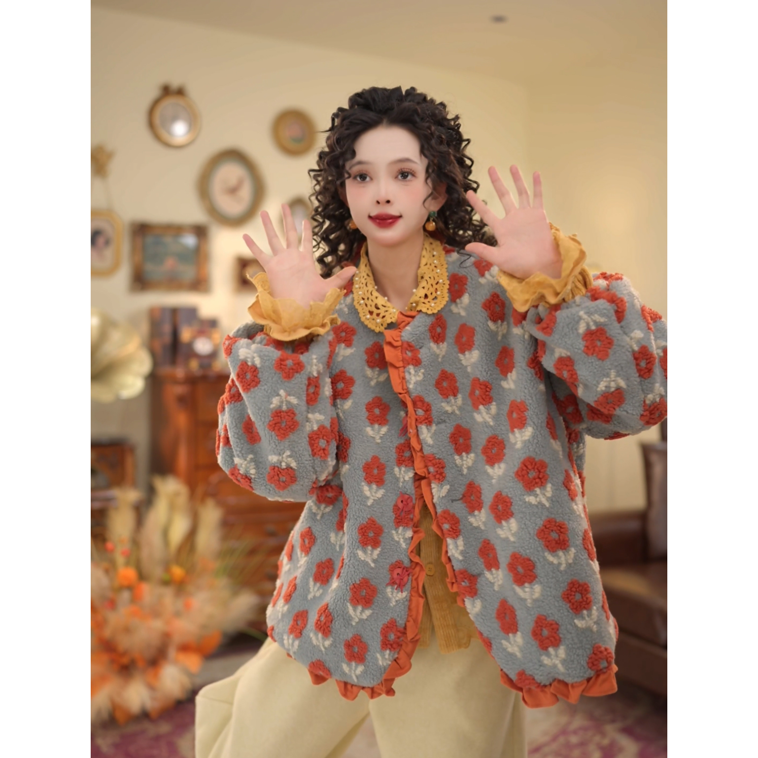 扣子家【落日熔金】复古毛绒加棉碎花棉衣外套棉服保暖KM2477386