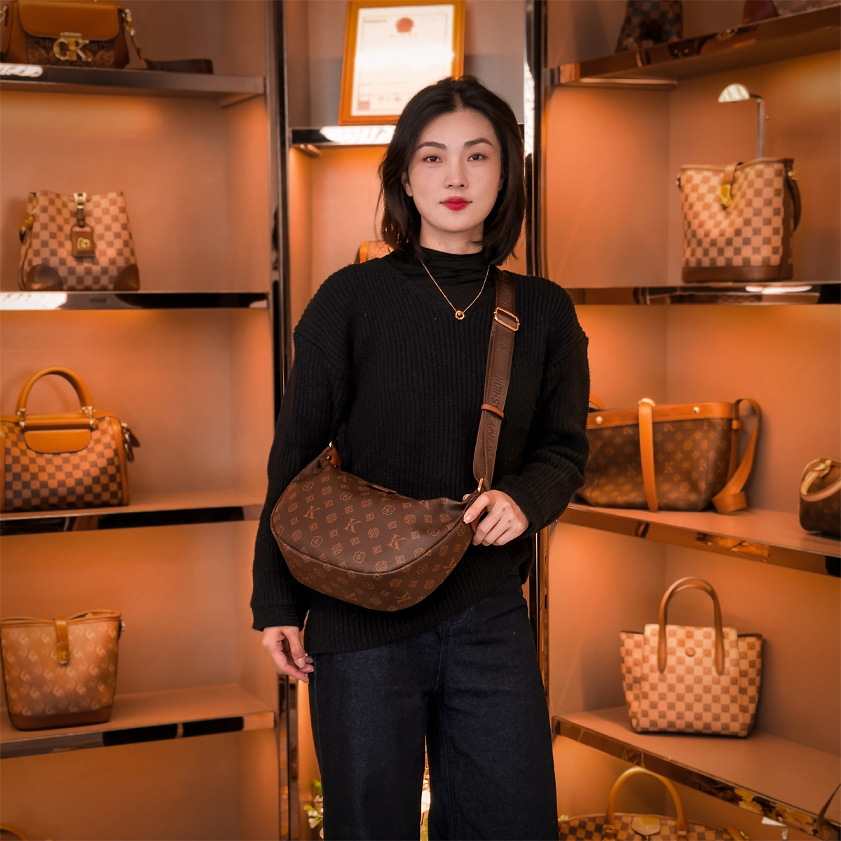 2025秋冬新款经典轻奢印花ins大容量单肩斜挎饺子包